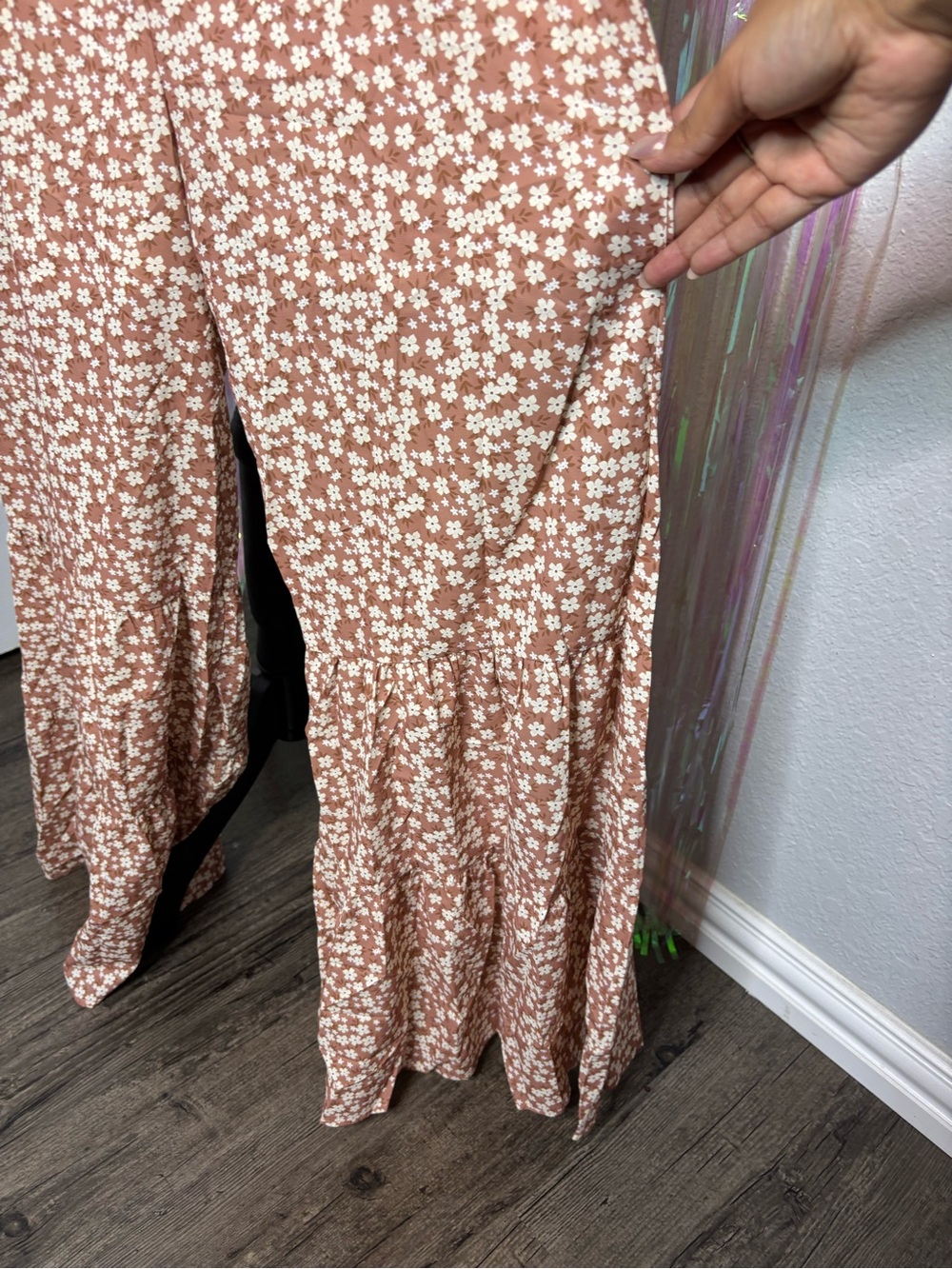 Smocked Bodice Floral Jumpsuit in Khaki/ Orange- Ruffle Wide Leg Adj Thin Straps - Picture 7 of 12